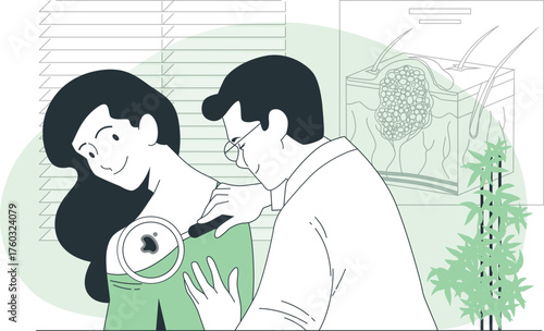 Doctor examining a mole on a woman's shoulder with a magnifying glass and anatomical diagram Keywords: dermatology, doctor, patient, medical, health, skin, mole, examination, magnifying glass