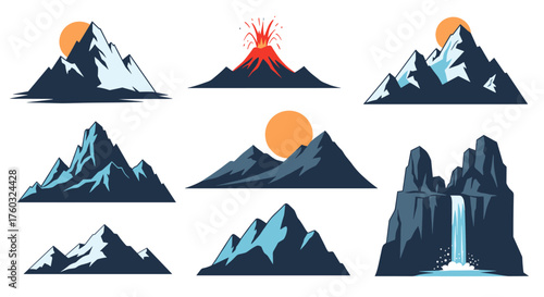 Collection of diverse mountain landscapes with various geological formations and natural phenomena depicted under a bright sun.