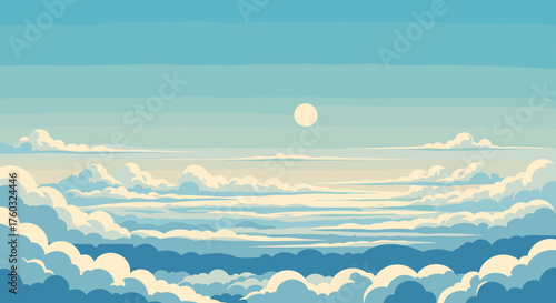 A beautiful serene sky filled with fluffy clouds and a bright sun shining down.