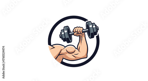 Illustrative image of a muscular arm holding a dumbbell in a circular emblem emphasizing strength and fitness.