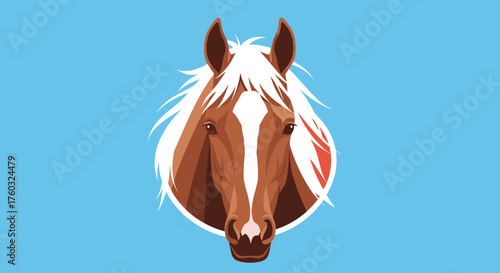 A detailed illustration of a beautiful brown horse with a flowing white mane against a vibrant blue background.