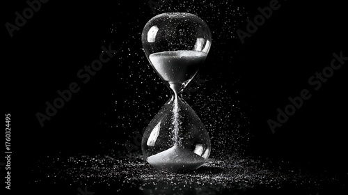 Dramatic hourglass with sand falling, symbolizing time's relentless march and the urgency of deadlines, perfect for business or project management concepts.