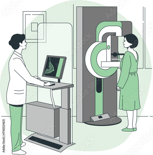 Mammography Screening Procedure with Doctor and Patient and X-ray Image vector illustration