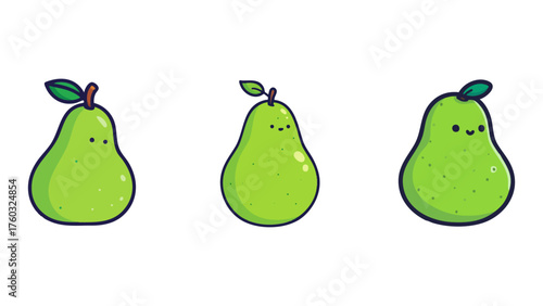 Cute Kawaii Pears Illustration, Charming Fruit Characters with Adorable Facial Expressions