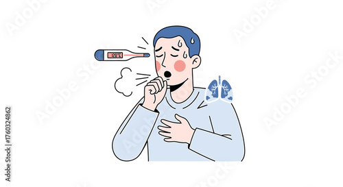 A sick man with a high fever and persistent cough, a concept illustration of respiratory illness symptoms like flu, cold, or lung infection