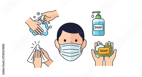 Hygiene and safety measures for personal protection washing hands, using sanitizer, and wearing masks to prevent infections and maintain health