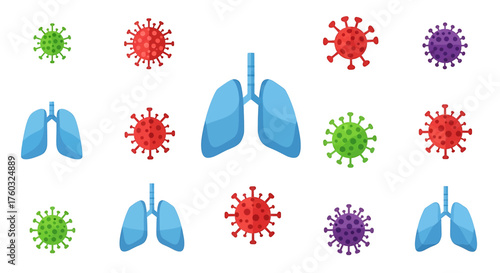 Lungs Surrounded by Viruses Medical Illustration of Respiratory Illness
