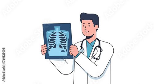 Male doctor character in a white coat holding a chest x-ray for medical diagnosis and health examination
