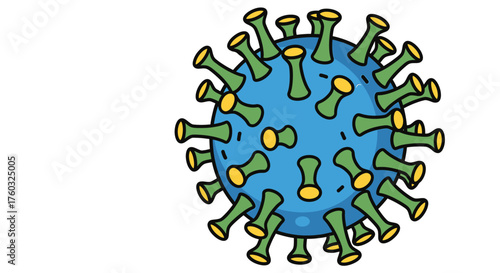 Cartoon illustration of a blue virus with green and yellow spikes, depicting a microscopic infectious germ. Great for health education, disease awareness, and science concepts