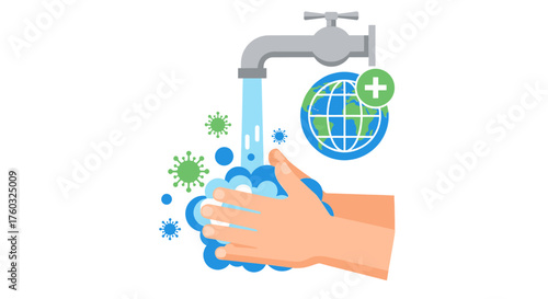 Concept of global hygiene and disease prevention, showing handwashing with soap to eliminate germs and protect the planet from viruses