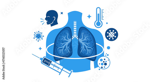 Illustration of human lungs with virus particles, thermometer, syringe, and coughing person, symbolizing respiratory illness and vaccination