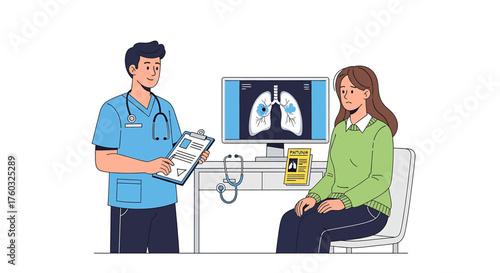 Male doctor discussing lung x-ray results with a female patient during a medical consultation in a clinic office.