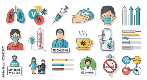 A collection of colorful flat icons representing public health, disease prevention, medical treatment, and statistics.