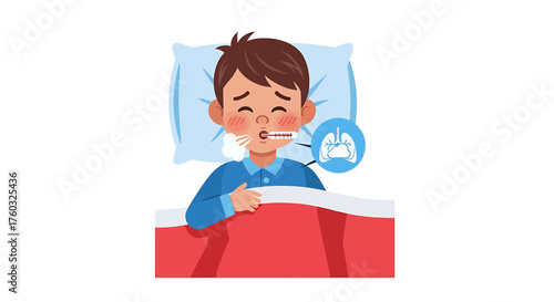 A sick young boy lies in bed with a thermometer in his mouth, indicating a fever, with a lung icon suggesting respiratory illness.