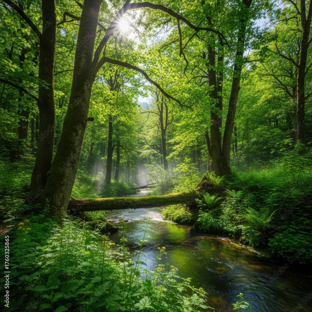 Fototapeta premium Tranquil forest river scene with vibrant foliage and sunlit canopy