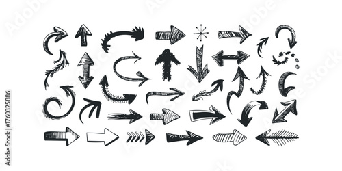 Hand drawn collection of varied arrow shapes and directions