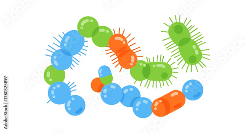 A colorful flat vector illustration set of various microscopic bacteria and germs. Microbes, probiotics, and pathogen concepts for science and medical design
