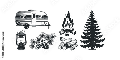 Vintage camper van, lantern, campfire, pine tree, and pinecones graphic