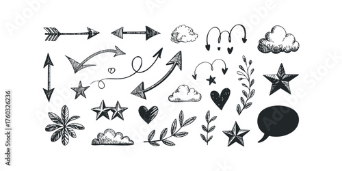 Hand Drawn Collection of Arrows, Stars, Hearts, Clouds and Leaves