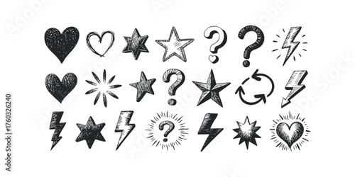 Hand drawn collection of hearts stars lightning bolts and question marks
