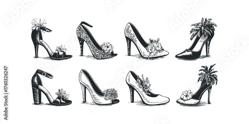 Collection of elegant high heel shoes with floral and palm leaf embellishments