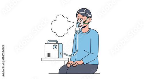 A person sitting and using a nebulizer machine for respiratory therapy, inhaling medication through a face mask.