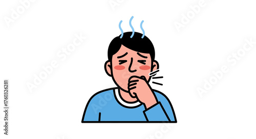 Illustration of a person coughing with steam coming from their head, indicating illness or fever.