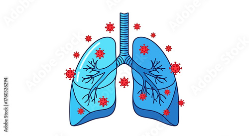 Stylized illustration of human lungs infected by red virus particles, representing a respiratory illness.