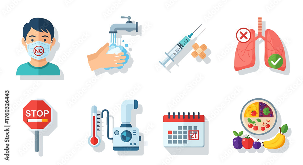 Fototapeta premium Collection of icons representing health and medical concepts, including a person wearing a mask, hand washing, vaccination, lung health, stop sign, thermometer, calendar, and healthy food.