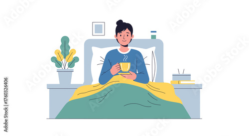 A person sitting up in bed, holding a cup, appearing relaxed and content in a bedroom setting.
