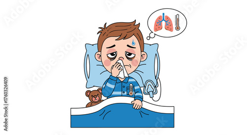 A sick cartoon boy with a fever and respiratory illness lying in bed, wiping his runny nose with a tissue.