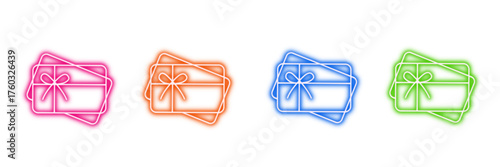 Neon glowing gift box vector icons set, present, celebration, holiday, surprise, vibrant colorful digital design illustration on transparent