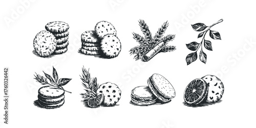 Hand-drawn collection of baked goods and fruit slices