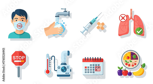 Collection of icons representing health and medical concepts, including a person wearing a mask, hand washing, vaccination, lung health, stop sign, thermometer, calendar, and healthy food.
