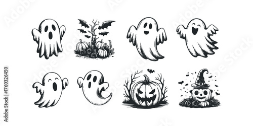 Collection of Whimsical Ghosts and Spooky Halloween Pumpkins
