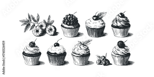 Sketch of Sweet Cupcakes and Fresh Berries