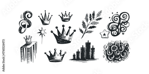 Collection of Black and White Hand Drawn Crown Symbols and Ornaments