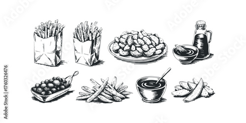 Sketch of French Fries Potatoes and Dipping Sauce