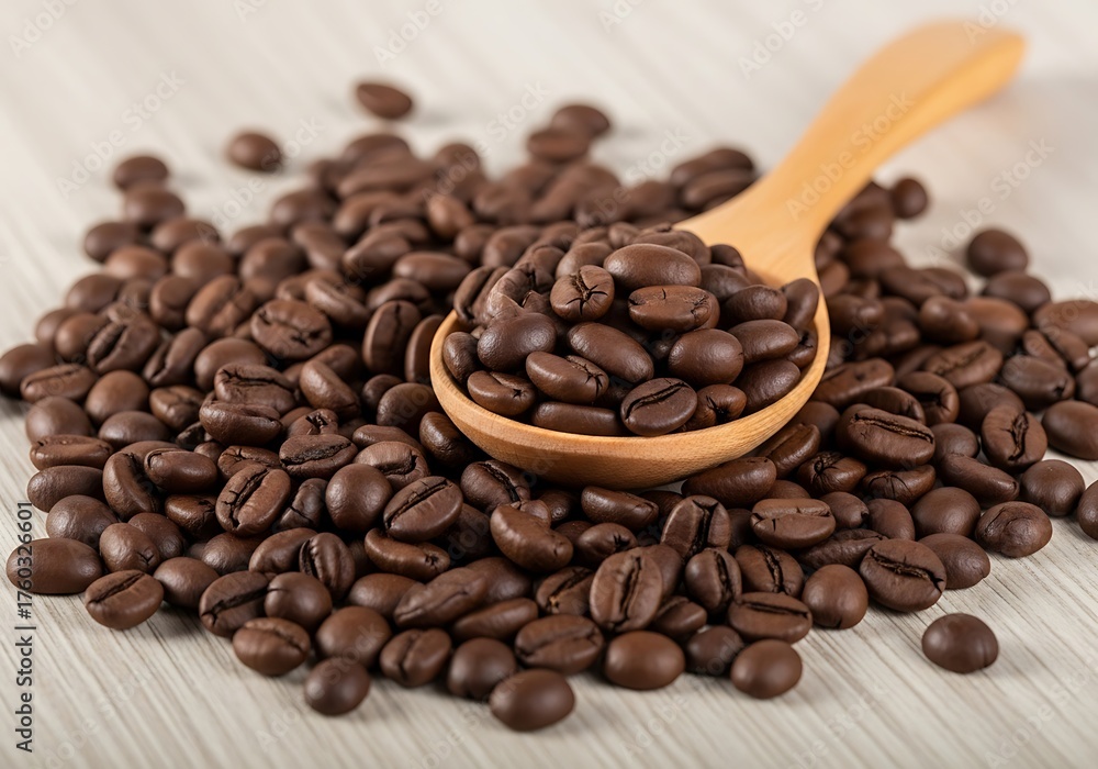 Fototapeta premium Roasted Coffee Beans with Wooden Spoon on Textured Surface