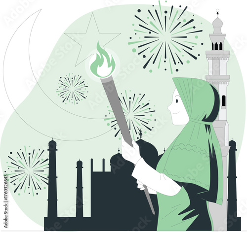 Muslim woman holding a torch with Islamic architecture and fireworks in the background hijab flame