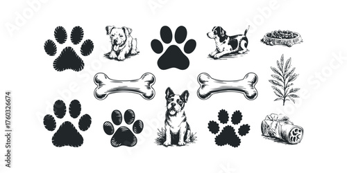 Collection of Dog Themed Graphics With Paws and Bones