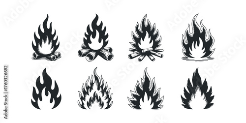Collection of eight stylized bonfire and flame graphics