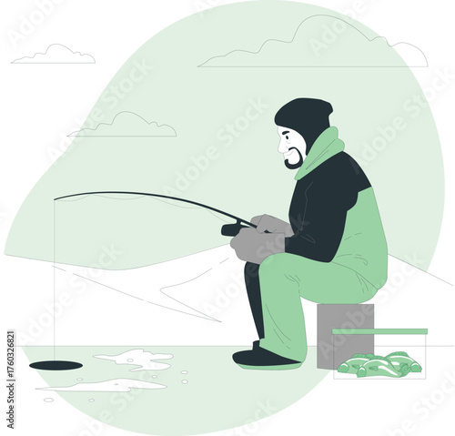 Man ice fishing on a frozen lake with a catch winter