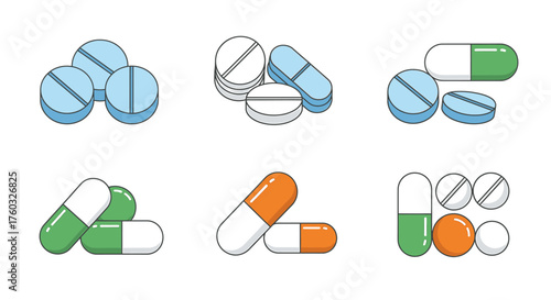 Illustration of various pills and capsules in different colors and shapes.