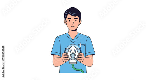A male medical professional in blue scrubs holds a CPAP mask with tubing in front of him.