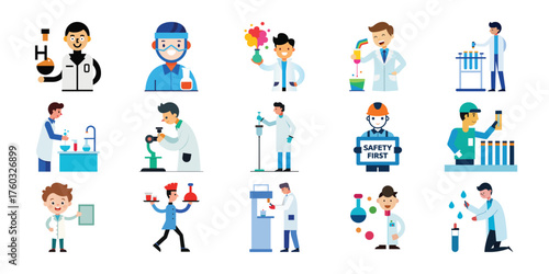 Diverse group of cartoon medical professionals and scientists working in a laboratory setting with equipment