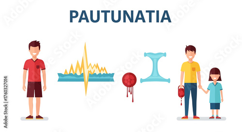 Illustration depicting medical concepts, including a person, an ECG, a blood bag, and a child with an adult.