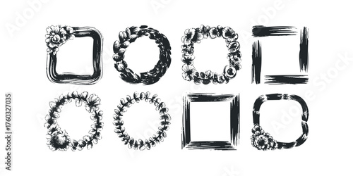 Collection of eight hand-drawn floral and brush stroke border elements