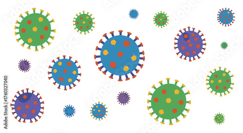 Illustration of various colorful virus particles, showcasing their structure and design in detail.