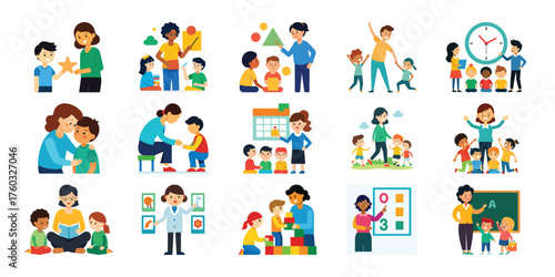 Diverse group of children engaged in various educational activities with teachers and parents